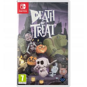 Na obrazku widać pudełko gry Death Or Treat na konsole Nintendo Switch. Na ilustracji okładki z gry Death or Treat widać na niej postaci z gry Death or Treat, które wpatrują się w widza i są ustawieni tak by razem tworzyli grupę postaci. Za nimi widać zamek o gotyckim stylu budowy, który jest pokryty cały cieniem. Niebo jest koloru fioletowego i na nim widać tytuł gry Death or Treat.   
