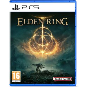 Obrazek ukazuje okładkę gry Elden Ring na konsole ps5. Pokazuje rycerza klęczącego i w bijającego swój miecz w ziemie. Nad nim znajduje się znak z ognia i napis Elden Ring.  