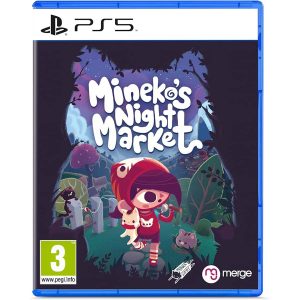 The image shows the box for the PS5 game Mineko's Night Market. The cover illustration is based on the main character of the game Mineko's Night Market, who holds a fishing rod in one hand and puts it on her shoulder while holding a cat bear in the other. The girl walks along a stone path in the forest towards the viewer, but looks to the right in surprise. Above her is the title of the game Mineko's Night Market.   