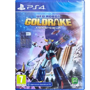 Obrazek ukazuje pudełko gry Grendizer The Feast Of The Wolves na konsole PS4. Na ilustracji okładki gry Robot Grendizer The Feast Of The Wolves. Na środku widać robota, głównego bohatera gry Robot Grendizer The Feast Of The Wolves. Perspektywa na niego jest pokazana lekko z dołu. Robot srebrno, czerwono niebieski pokazuje ręką w prawą stronę. Nad nim widać tytuł gry Robot Grendizer The Feast Of The Wolves     