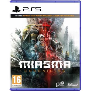 The image shows the box for the game Miasma Chronicles for the PS5 console. The illustration shows the heroes of the game Miasma Chronicles - the composition is centered and central. Around them you can see tall buildings. At the bottom you can see the title of the game Miasma Chronicles.   