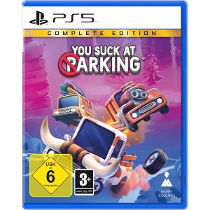 The image shows the box for the PS5 game You Suck At Parking Complete Edition. The cover image for You Suck At Parking Complete Edition shows 3 vehicles driving through the air towards the viewer. The background is purple and pink. The title of the game You Suck At Parking Complete Edition can be seen at the top.