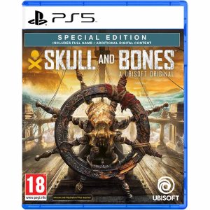 The image shows the box of the Skull and Bones Special Edition game for the PS5 console. The cover illustration shows the steering wheel, which has a large octopus head in the middle. Its tentacles are entangled exactly in the wheel. In the distance, you can see the rest of the boat, the sea, mountains on the orange horizon. Above all of this, you can see the title Skull and Bones with the emblem - Special Edition    