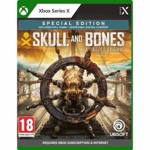 Obrazek przedstawia pudełko gry Skulls and Bones Special Day One Edition na konsole Xbox Series X. Ilustracja przedstawia łódź, gdzie zbliżenie występuje na koło sterowe. Na kole widać głowę stworzenia z wieloma mackami, które oplata wokół steru. Na horyzoncie widać wodę, skały oraz pomarańczowe niebo. Na samej górze znajduje si,e tytuł wraz emblematem informującym o edycji: Skull And Bones Special Day 1 Edition