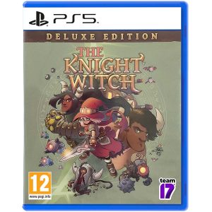 Na obrazku widać pudełko gry The Knight Witch Deluxe Edition na konsole PS5. Na ilustracji okładki na środku niej można zauważyć bohaterów z gry The Knight Witch Deluxe Edition. Wyłaniają się z jasno zielonego tła. Na samej górze widać tytuł gry The Knight Witch Deluxe Edition.