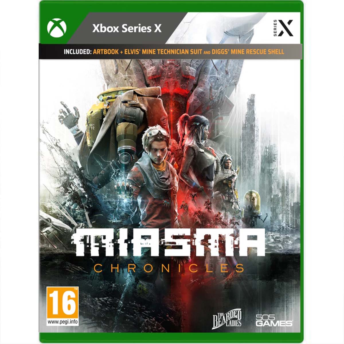 Na obrazku widnieje pudełko gry Miasma Chronicles na konsole Xbox Series X. Na ilustracji widać bohaterów gry Miasma Chronicles- kompozycja jest dośrodkowana i centralna. Wokół nich widać wysokie budynki. No dole widać tytuł gry Miasma Chronicles.