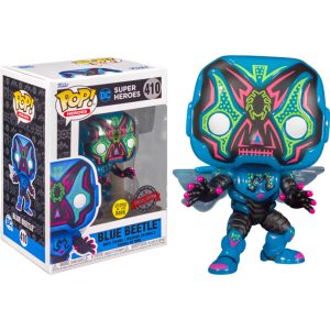 The image shows the box with the Funko Pop! Dia De Los: DC Super Heroes - Blue Beetle #410 figure/toy, and on the right side of it stands the Funko Pop! Dia De Los: DC Super Heroes - Blue Beetle #410 figure/toy itself  Dia De Los: DC Super Heroes - Blue Beetle #410