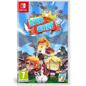 Okładka gry Epic Chef na konsole Nintendo Switch. Przedstawia bohaterów gry Epic Chef na konsole. Nad nimi występuje napis "Epic Chef" oraz korona  