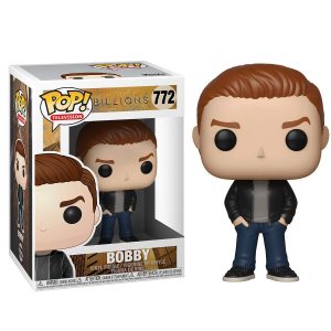 Obrazek ukazuje pudełko z figurką/zabawką Funko Pop! Television: Billions - Bobby #772 w środku, a po jego prawej znajduje się sama figurka/zabawka Funko Pop! Television: Billions - Bobby #772