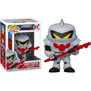 Obrazek ukazuje pudełko z figurką/zabawką Funko Pop! Retro Toys: Masters Of The Universe - Horde Trooper #87 w środku, a po jego prawej znajduje się sama figurka/zabawka Funko Pop!  Retro Toys: Masters Of The Universe - Horde Trooper #87