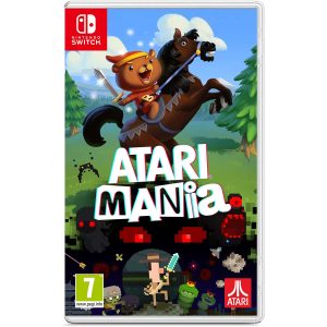 The image shows the box for the Atari Mania game for the Nintendo Switch console. The cover illustration shows a bear with a sword, riding a horse. Below it is the title Atari Mania and a black spot of pixels with creatures. In the waist you can see a meadow and a forest.   