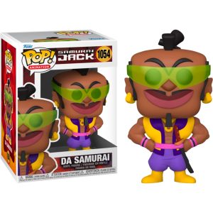 Na obrazku znajduje się pudełko z zabawką Funko Pop! Animation: Samurai Jack - Da Samurai, a po jego prawej znajduje się sama figurka/zabawka Funko Pop! Animation: Samurai Jack - Da Samurai