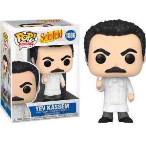 Obrazek ukazuje pudełko z figurką/zabawką Funko Pop! Television: Seinfeld - Yev Kassem #1086 w środku, a po jego prawej znajduje się sama figurka/zabawka Funko Pop! Television: Seinfeld - Yev Kassem #1086