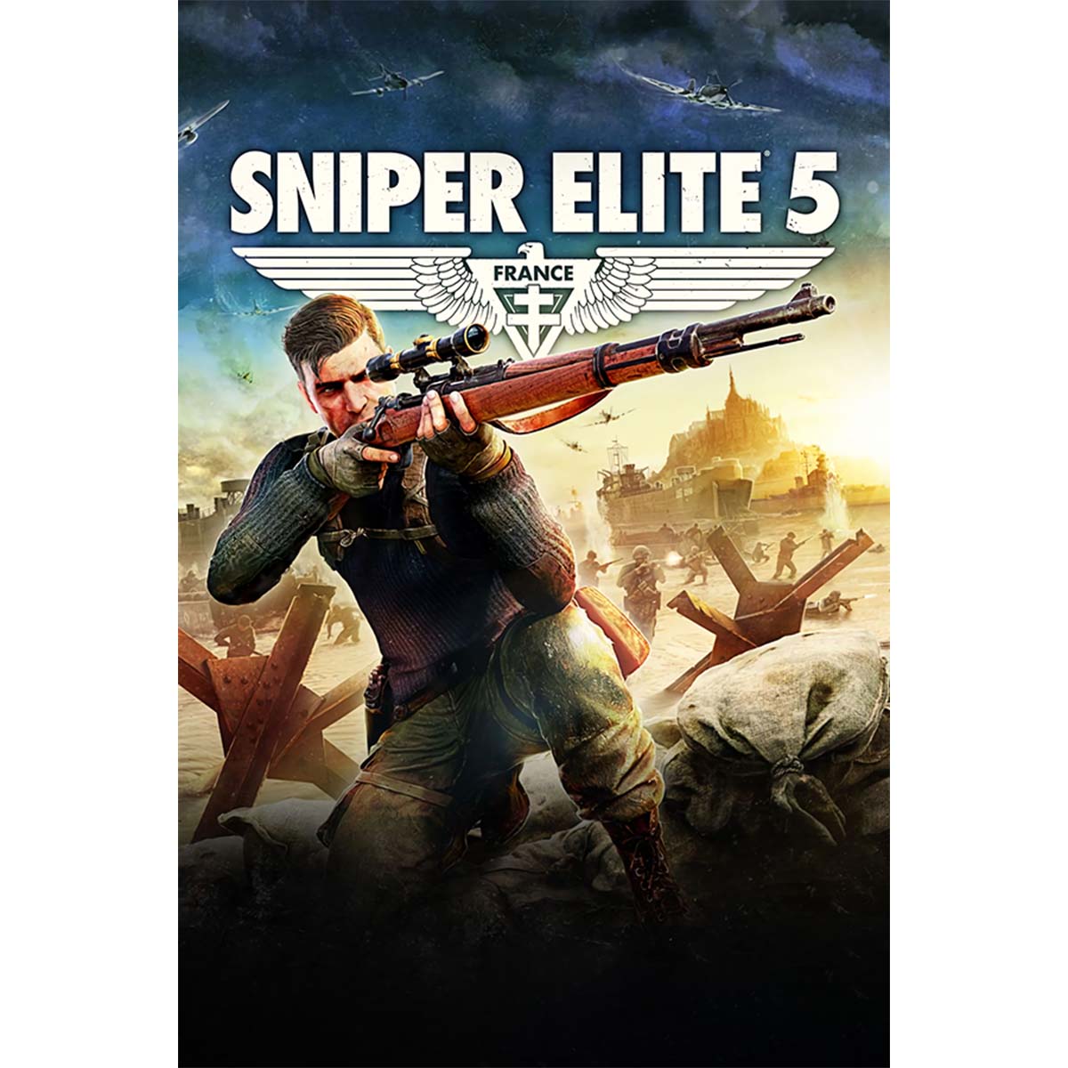 Obrazek Przedstawia ilustrację do okładki gry Sniper Elite 5. Widać na nim żołnierzy walczących. Jeden z nich jest pokazany w bliższej perspektywie . Jest to mężczyzna klęczący i mierzący pistoletem w prawo. Pod nogami ma worki. w oddali widać budynek w blasku światła. Niebo jest czysto niebieskie i umieszczono na nim tytuł gry Sniper Elite 5
