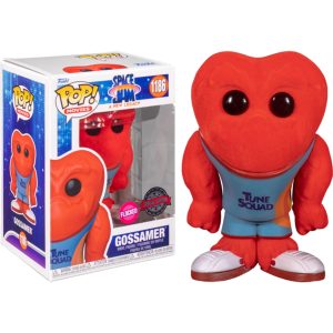 Obrazek ukazuje pudełko z figurką/zabawką Funko Pop! Movies: Space Jam. A New Legacy - Gossamer #1186 w środku, a po jego prawej znajduje się sama figurka/zabawka Funko Pop! Movies: Space Jam. A New Legacy - Gossamer #1186