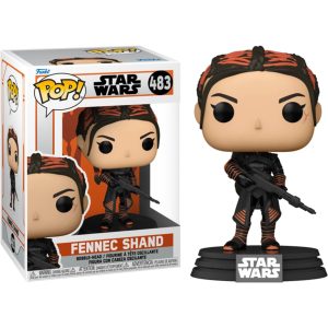 Obrazek ukazuje pudełko z figurką/zabawką Funko Pop! Star Wars: The Mandalorian Fennec Shand #483 w środku, a po jego prawej znajduje się sama figurka/zabawka Funko Pop! Star Wars: The Mandalorian Fennec Shand #483