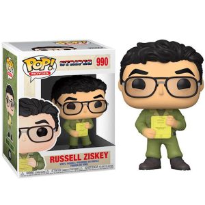 Obrazek ukazuje pudełko z figurką/zabawką Funko Pop! Movies: Stripes - Russell Ziskey #990 w środku, a po jego prawej znajduje się sama figurka/zabawka FFunko Pop! Movies: Stripes - Russell Ziskey #990