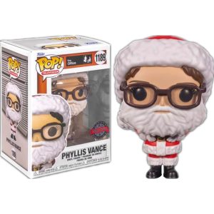 Obrazek ukazuje pudełko z figurką/zabawkąFunko Pop! Television: The Office - Phyllis Vance As Santa #1189 w środku, a po jego prawej znajduje się sama figurka/zabawka Funko Pop!  Television: The Office - Phyllis Vance As Santa #1189