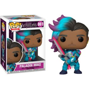 Obrazek ukazuje pudełko z figurką/zabawką Funko Pop! Games: Tiny Tina’s Wonderlands - Paladin Mike #861 w środku, a po jego prawej znajduje się sama figurka/zabawka Funko Pop! Games: Tiny Tina’s Wonderlands - Paladin Mike #861