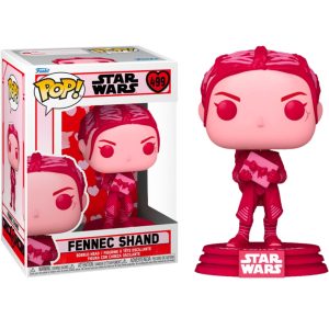 Obrazek ukazuje pudełko z figurką/zabawką Funko Pop! Star Wars: Valentine's Day - Fennec Shand #499 w środku, a po jego prawej znajduje się sama figurka/zabawka Funko Pop! Star Wars: Valentine's Day - Fennec Shand #499
