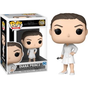 Obrazek ukazuje pudełko z figurką/zabawką Funko Pop! Movies: Zack Snyder Justice League - Diana Prince #1124 w środku, a po jego prawej znajduje się sama figurka/zabawka Funko Pop!  Movies: Zack Snyder Justice League - Diana Prince #1124