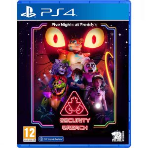Na obrazku widać pudełko gry Five Nights At Freddy's Security Breach na konsole PS4. Widać na ilustracji postacie z gry Five Nights At Freddy's Security Breach. Nad nimi są duże i żółte oczy. Pomiędzy boazeriami jest napis Security Breach a nad nimi Five Nights At Freddy's. Na okładce przeważa kolor czarny, z kolorowymi elementami . Kompozycja jest zamknięta w kolorową ramkę z dwóch linii.