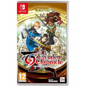 The image shows the box of the game Eiyuden Chronicle: Hundred Heroes for the Nintendo Switch console. The illustration shows the heroes of the game Eiyuden Chronicle : Hundred Heroes, along with their weapons. There are three of them - two boys in the middle, a brunette, and a blond on the left, and one girl on the right, a brunette. They are arranged in a triangular composition. Behind them, you can see a crowd of people emerging from a golden hoop. Below them, you can see the title of the game Eiyuden Chronicle : Hundred Heroes.    