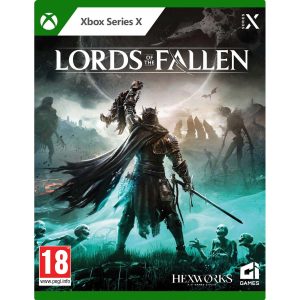 The image shows the box for the Xbox Series X game Lords of the Fallen. The cover illustration for Lords of the Fallen features a uniformed person with a hand raised high and a saber in the other hand. Undead people and/or other creatures can be seen around this figure. The world illustrated by this cover is gray and gloomy, but the turquoise light emerging from the figure in the center illuminates the whole. The title Lords Of Fallen can be seen high in the sky.