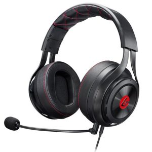 Headphones in black with red LucidSound logo. The headphones have a built-in and protruding microphone. These are the Lucidsound Xbox LS25 BK E-sport Wired Headphones.  