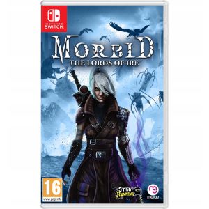 The image shows the cover of the box for the game Morbid: The Lords of Ire on the Nintendo Switch console. The illustration is in blue, white and black. In the center is the heroine of the game Morbid: The Lords of Ire, who is facing the viewer with her open, ready to fight stance. The heroine of the game Morbid: The Lords of Ire is armed and behind her there is a fog from which many creatures emerge. Above her there is an inscription with the title of the game Morbid: The Lords of Ire.    
