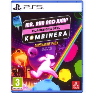 NA obrazku widnieje pudełko gry Mr Run And Jump + Kombinera Adrenaline Pack na konsole PS5. Widać na ilustracji różową postać biegającą wokół kolorowych elementów oraz ożywionych przeszkód. Po lewej stronie widać tęczę. Nad tym widać tytuł gry Mr Run And Jump + Kombinera Adrenaline Pack.