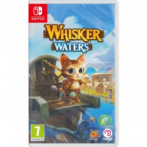 The image shows the box for the game Whisker Waters for the Nintendo Switch console. The illustration shows a cat standing on a boat and holding a fishing rod over its shoulder. Under the boat you can see a green fish and water. On the right side of the image you can see land and buildings. At the very top you can see the title of the game Whisker Waters.    