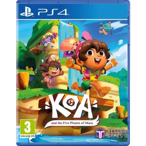 The image shows the box for the PS4 game Koa And Five The Pirates Of Mara. The illustration shows the main character of the game Koa And Five The Pirates Of Mara happily running and jumping off a pier. At the bottom is the title of the game Koa And Five The Pirates Of Mara.  