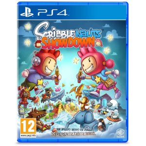 Na zdjęciu widać pudełko gry Scribblenauts Showdown na PS4. Na zdjęciu widać dwie główne postacie trzymające ołówek w dłoni i zwrócone ku sobie. Uśmiechają się chytrze i zbliżają się do siebie. Poniżej nich znajdują się kolejne postacie z gry Scribblenauts Showdown. Nad wszystkim widnieje tytuł Scribblenauts Showdown.