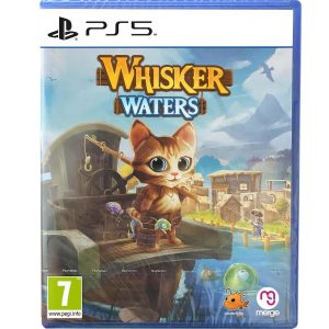 The image shows the box for the PS5 game Whisker Waters. The illustration shows a cat standing on a boat and holding a fishing rod over its shoulder. Under the boat you can see a green fish and water. On the right side of the image you can see land and buildings. At the very top you can see the title of the game Whisker Waters.    