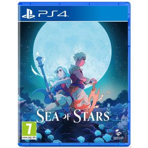 The photo shows the box of the game Sea Of Stars for the PS4 console. The illustration is dominated by the color blue, where you can see the heroes of the game Sea Of Stars - a woman and a man, who are in the center of the cover. The woman is on the left and kneels with her spear. The man on the right is turned sideways to us and leans on his sword. Behind them is a large full moon. At the bottom is the title of the game Sea Of Stars.     