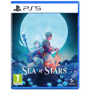 The photo shows the box of the game Sea Of Stars for the PS5 console. The illustration is dominated by the color blue, where you can see the heroes of the game Sea Of Stars - a woman and a man, who are in the center of the cover. The woman is on the left and kneels with her spear. The man on the right is turned sideways to us and leans on his sword. Behind them is a large full moon. At the bottom is the title of the game Sea Of Stars.     