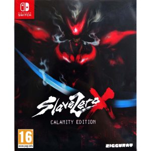 The image shows the box for the game Slave Zero X for the Nintendo Switch console. The cover illustration shows a red, smiling figure facing the viewer. In the center is the title of the game Slave Zero X and a blue ribbon crossing it. Behind the figure is a completely black background. Low down are the red lines of the buildings of the metropolis.    