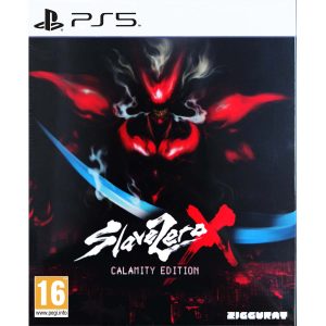 The image shows the box for the PS5 game Slave Zero X. The cover illustration shows a red, smiling figure facing the viewer. In the center is the title of the game Slave Zero X and a blue ribbon crossing it. Behind the figure is a completely black background. Low down are the red lines of the buildings of the metropolis.    