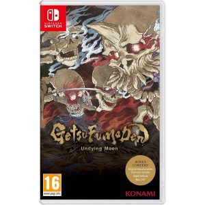 Na obrazku widnieje pudełko gry GetsuFumaDen : Undying Moon na konsole Nintendo Switch. Na ilustracji okładki widać czaszki większość o klasycznym kształcie ale na pierwszy plan wysuwa się o niestandardowym kształcie z rogiem. Te czaszki lewitują i posiadają niebieskie i czerwone oczy, z których rozpościera się tego samego koloru co oczy dym. Między nimi widać mężczyznę z mieczem. Pod tym wszystkim występuje tytuł gry GetsuFumaDen: Undying Moon.