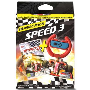 Na obrazku widnieje pudełko gry Switch Speed 3 Grand Prix Bundle Pack na konsole Nintendo Switch. Widać na ilustracji pudełka gokart, a obok niego pudełko gry i oraz kierownica, która się znajduje w pudełku. Na górze widać tytuł gry Speed 3 Grand Prix Bundle Pack.