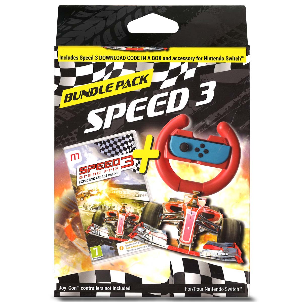 Na obrazku widnieje pudełko gry Switch Speed 3 Grand Prix Bundle Pack na konsole Nintendo Switch. Widać na ilustracji pudełka gokart, a obok niego pudełko gry i oraz kierownica, która się znajduje w pudełku. Na górze widać tytuł gry Speed 3 Grand Prix Bundle Pack.