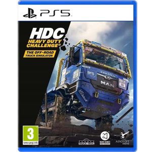 Na obrazku widnieje pudełko gry Heavy Duty Challenge : The Off Road Truck Simulator na konsole PS5. Na ilustracji okładki występuje niebieska ciężarówka z dolnej perspektywy. Po lewej znajduje się czarny trójkąt z szerszym bokiem u góry zwężając się ku dołowi. Na tym czarnym tle widać tytuł gry Heavy Duty Challenge : The Off Road Truck Simulator.