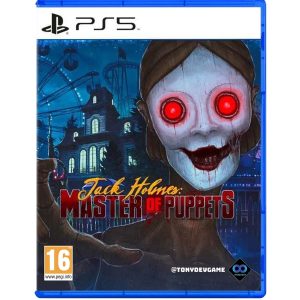 Na obrazku widnieje pudełko gry Jack Holmes Master Of Puppets na konsole PS5. Na ilustracji widać w nocy dużą kukłę o czerwonawych żarzących się oczach i wyciągniętej ręki w kierunku widza. Kukła ma przypominać człowieka z kredowo białą twarz oraz krwistych ustach wykrzywionych w uśmiechu. Za postacią można zauważyć wysoki dom z zapalonymi światłami oraz obok niego widać diabelski młyn (oko). Na wysokości szyi postaci widać tytuł gry Jack Holmes Master Of Puppets.