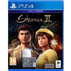 Obrazek pokazuje pudełko gry Shenmue 3 na konsole PS4. S na nim dwie postaci z gry Shenmue 3. Jeden z nich to mężczyzna, któy znajduje się po lewej stronie, a druga to kobieta i znajduje się po prawej stronie. Mężczyzna z krótko strzyżonymi włosami, postawionymi do góry, ma plasterek na prawym policzku i ma złą minę. Kobieta jest ubrana na żółto- w sweter i beret. Nad nimi widać tytuł gry Shenmue 3
