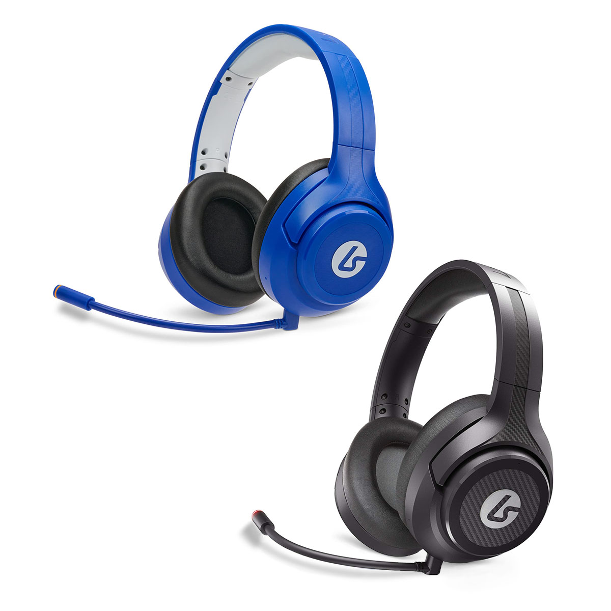 Dwie pary słuchawek od firmy Lucidsound. Od lewej znakduje się niebieska wersja kolorystyczna modelu Lucidsound LS15X a po prawej czarna wersja modelu Lucidsound LS15X. Obie pary słuchawek są bezprzeowdowe.