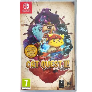 Na obrazku widnieje pudełko gry Cat Quest III na konsole Nintendo Switch. Na ilustracji widać bohaterów gry Cat Quest III, którzy występują w centralnej części. Stoją na czerwonej skale na której występuje tytuł Cat Quest III a za nimi widać koło sterownicze łodzi. Na przód wysuwa się jednak postać- żółty kot z cwanym uśmiechem.