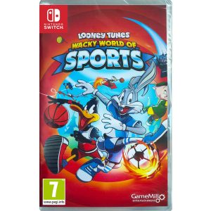 Na obrazku widnieje pudełko gry Looney Tunes: Wacky World of Sports na konsole Nintendo Switch. Na ilustracji okładki widnieją postacie z gry Looney Tunes: Wacky World of Sports na czerwonym tle. W centrum widać Królika Bugsa z piłką nożną i Kaczora Daffy'ego z piłką do koszykówki. Nad nimi znajduje się tytuł gry Looney Tunes: Wacky World of Sports.   