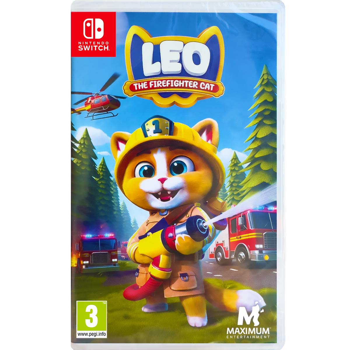 Na zdjęciu widać pudełko gry Leo the Firefighter Cat na konsolę Nintendo Switch. Ilustracja na okładce gry Leo the Firefighter Cat przedstawia głównego bohatera Leo the Cat trzymającego spust węża strażackiego, z którego płynie woda. Postać ma na sobie strój strażaka, a przed nią stoją wozy strażackie. Nad kotem widoczny jest helikopter. W prawym dolnym rogu widać logo z tytułem gry Leo the Firefighter Cat.