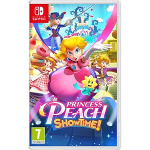 The image shows the box of the game Princess Peach: Showtime! for the Nintendo Switch console. The cover illustration shows the classic character of Princess Peach in the middle. Next to her is the star Stella - the guardian of the theater. At Princess Peach's feet is the title of the game Princess Peach: Showtime. You can see other characters of Princess Peach: on the left Princess Peach in the incarnation of the cook, on the top Princess Peach in the incarnation of the swordsman, and on the right the incarnation of Peach the Ninja.